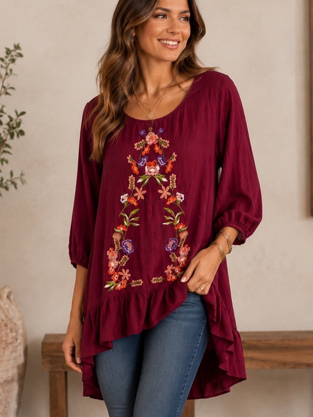 a Jodifl Burgundy Embroidered Floral Babydoll Dress / Tunic Blouse